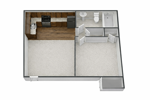 Floor plan for 1 bed, 1 bath, 635 sqft